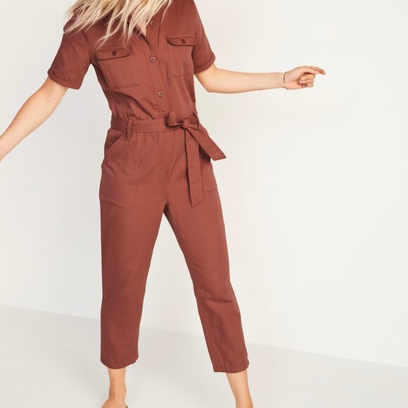 OLD NAVY twill utility jumpsuit collar short sleeve cedarwood women’s small - Picture 1 of 9